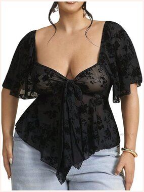 Plus Size Floral Mesh Peplum Blouse Short Sleeve Tie Front Babydoll Top